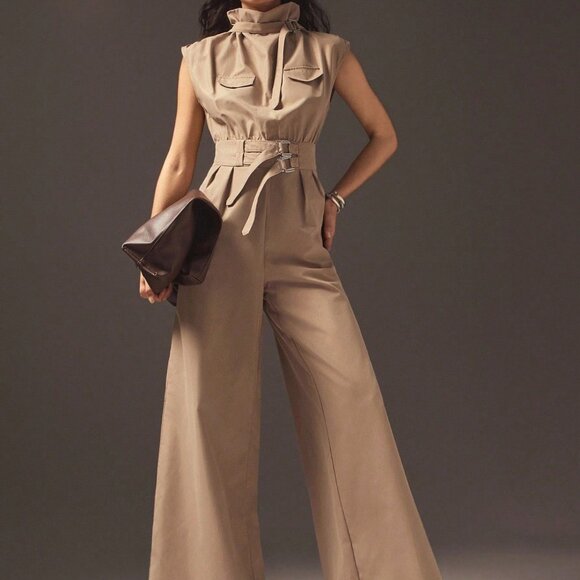 Camel Elegant Women's Business Casual Wide-Leg Jumpsuit with Belt - Picture 1 of 6